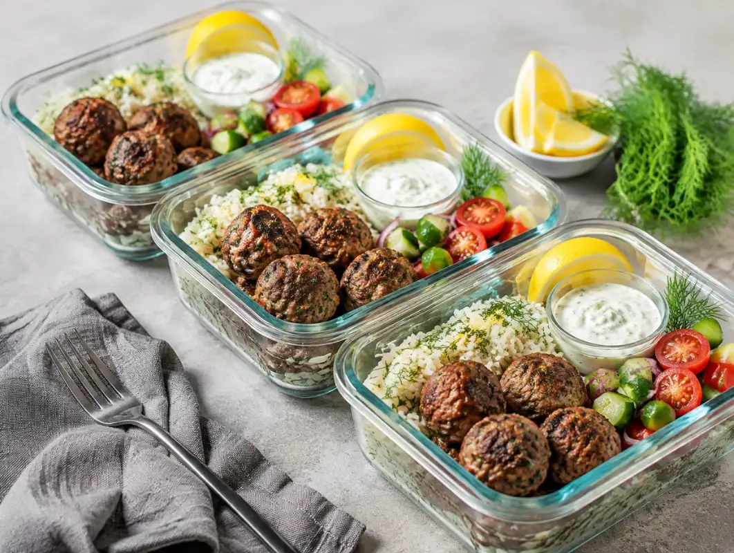Greek Lamb Meatball Meal Prep Bowls (Makes 4-5) 1 Three-quarter view of greek lamb meatball meal prep bowls with lemon rice, cucumber salad and tzatziki in glass containers