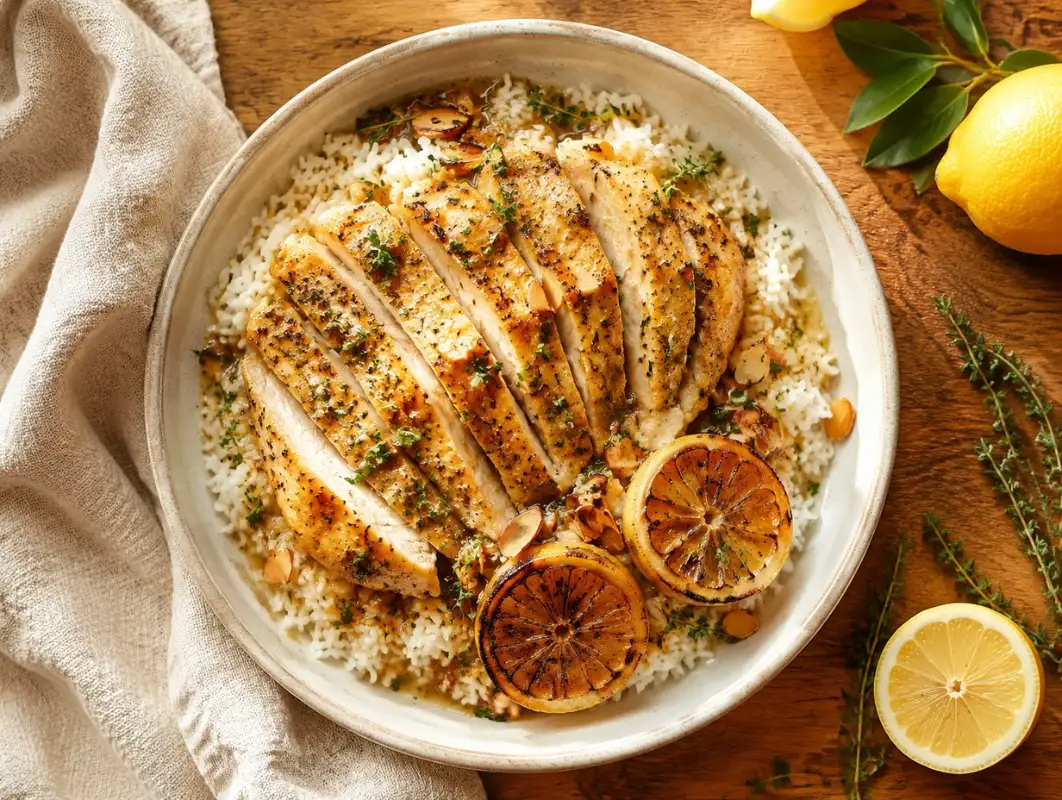Meyer Lemon Herb Chicken Rice Bowl (55 Minutes) 1 Overhead view of meyer lemon herb chicken rice bowl with sliced roast chicken, rice, thyme and charred lemon