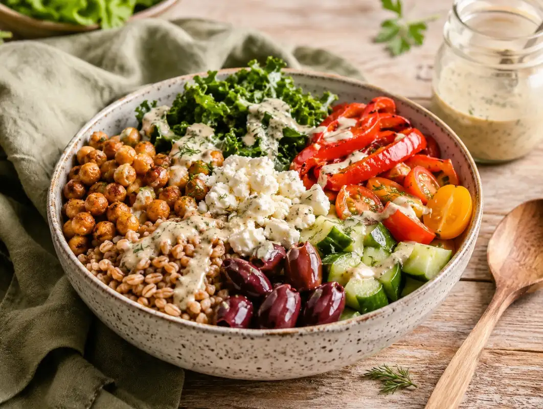 Mediterranean Farro Power Bowl (35 Minutes, Serves 4) 1 Three-quarter view of mediterranean farro power bowl with chickpeas, kale, roasted peppers, feta and tahini drizzle