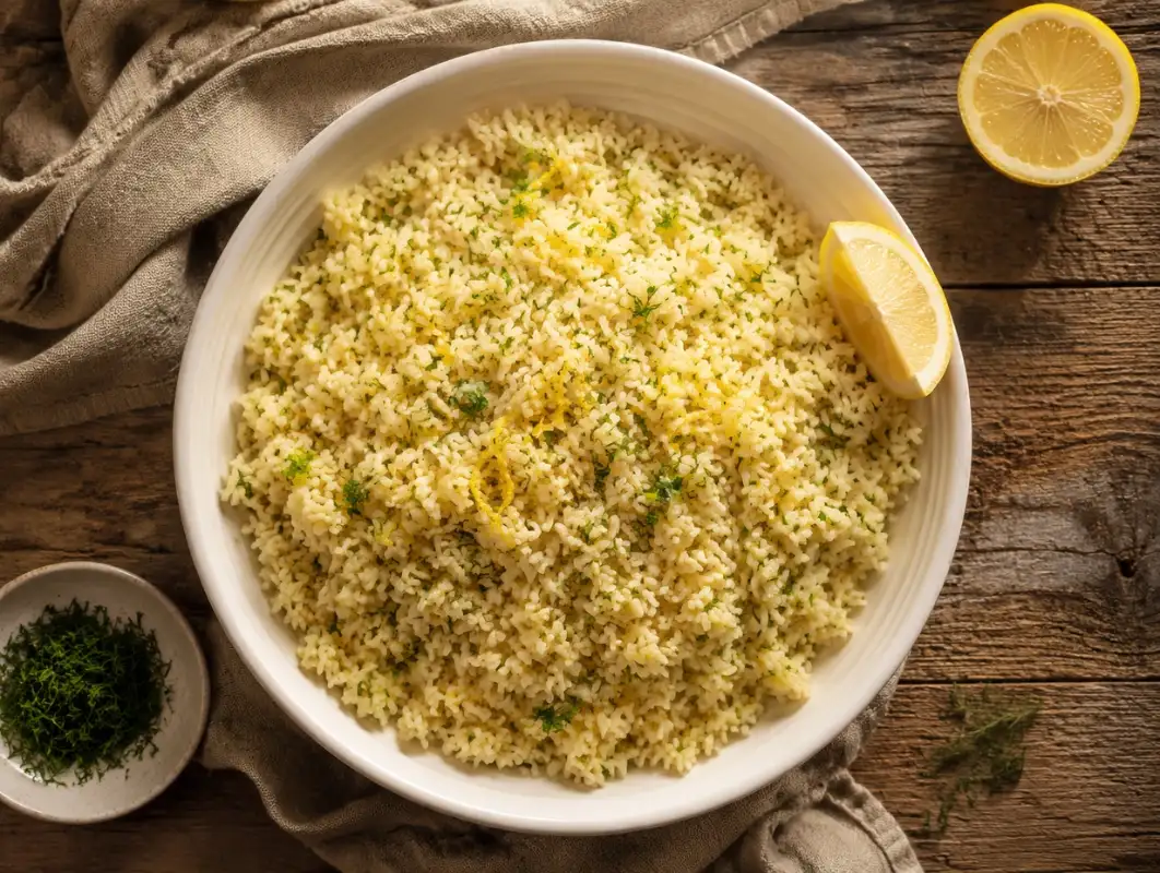 Greek Lemon Rice (25 Minutes, Serves 6) 1 Overhead view of greek lemon rice with fresh dill, parsley and lemon zest in a white serving bowl