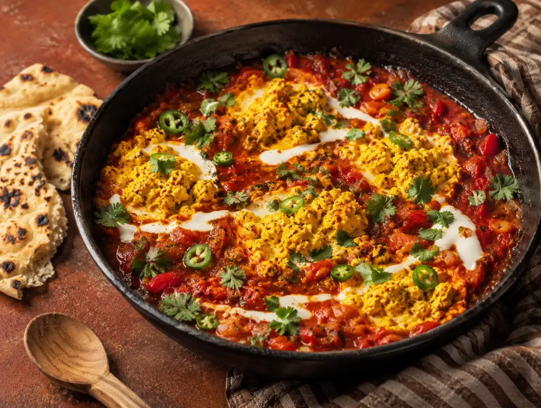 Vegan Shakshuka with Tofu Scramble (30 Minutes) 1 Three-quarter view of vegan shakshuka in a cast iron skillet with turmeric tofu scramble, tomato sauce and cilantro