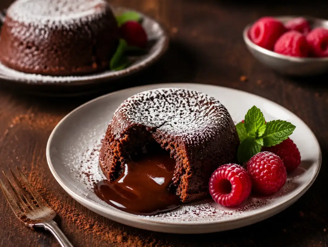 Chocolate Lava Cakes with Espresso and Sea Salt (Makes 4) 1 Three-quarter view of chocolate lava cake cut open with molten chocolate flowing onto a white plate with raspberries