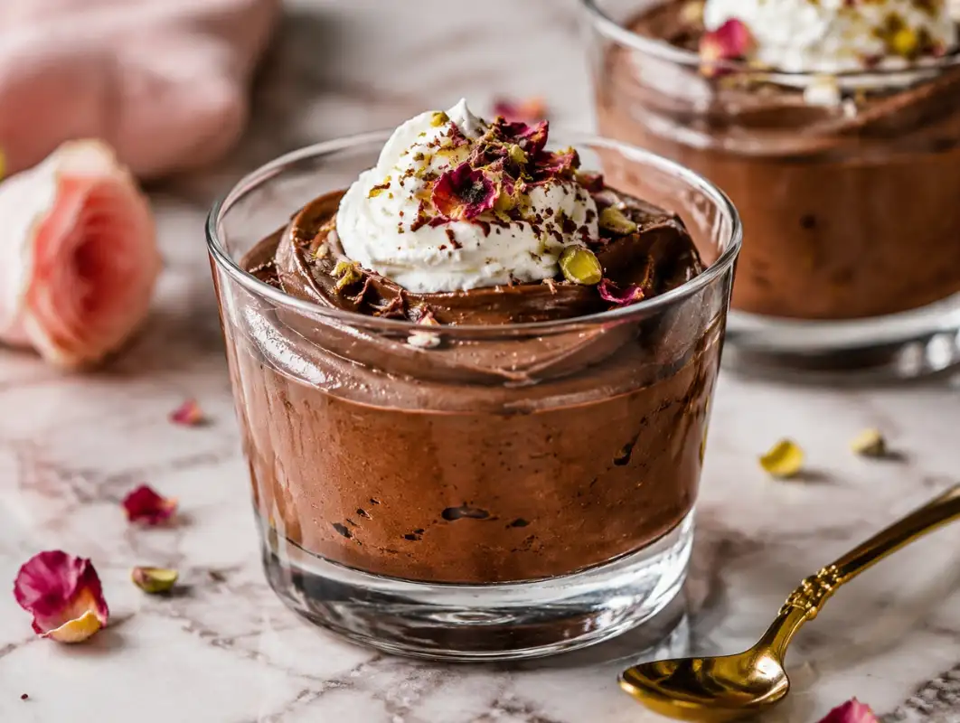 Three-quarter view of parisian chocolate mousse in a glass topped with cream, pistachios and dried rose petals