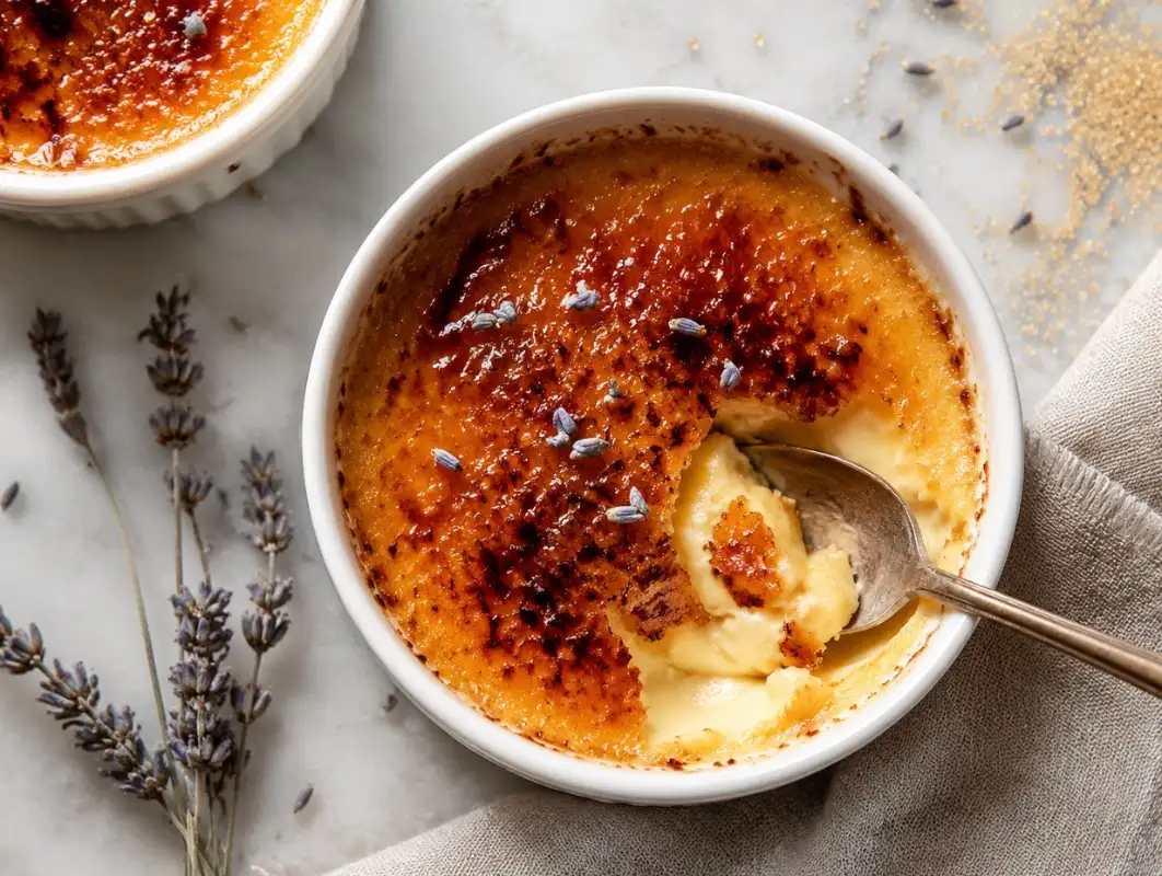 Crème Brûlée with Lavender and Vanilla Bean (Makes 6) 1 Overhead view of lavender creme brulee in a white ramekin with cracked caramelized sugar top and dried lavender