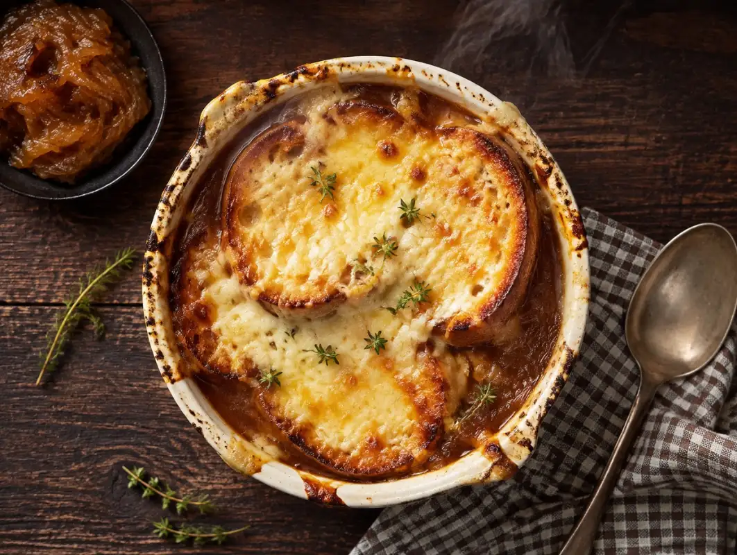 Overhead view of french onion soup gratinee in a crock with bubbling melted gruyere and toasted baguette