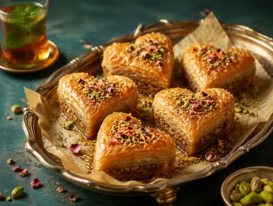 Baklava Hearts with Pistachio and Rose Water (Makes 22) 1 Three-quarter view of heart-shaped baklava with golden phyllo layers, honey syrup and chopped pistachios on a brass tray