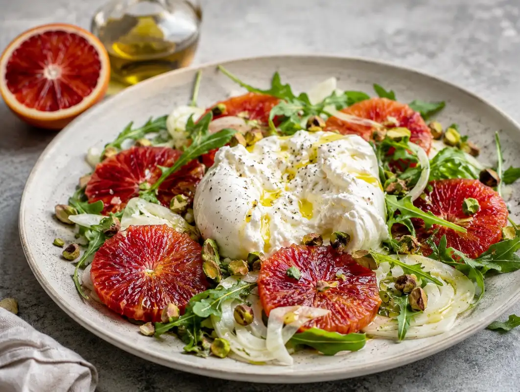 Blood Orange Burrata Salad (30 Minutes, Serves 4) 1 Three-quarter view of blood orange burrata salad with fennel, arugula, pistachios and olive oil on a white plate