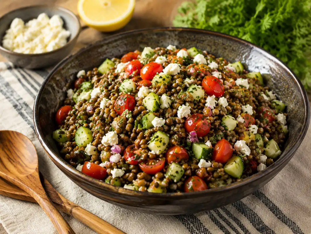 Mediterranean Lentil Salad (35 Minutes, Serves 6) 1 Three-quarter view of mediterranean lentil salad with cucumber, tomatoes, red onion, herbs and feta in a dark bowl