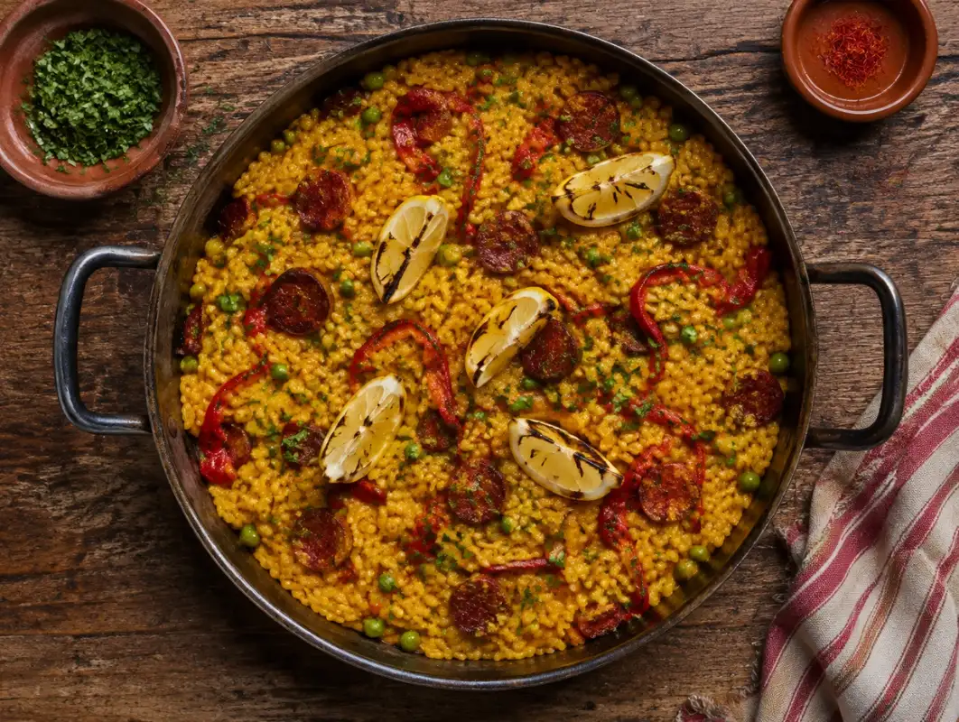 Overhead view of saffron risotto with beef chorizo, roasted peppers and peas in a wide skillet