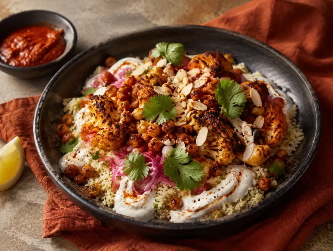 Harissa Chickpea and Roasted Cauliflower Bowl (37 Min) 1 Three-quarter view of harissa chickpea and roasted cauliflower bowl with couscous, yogurt swirl and pickled onion