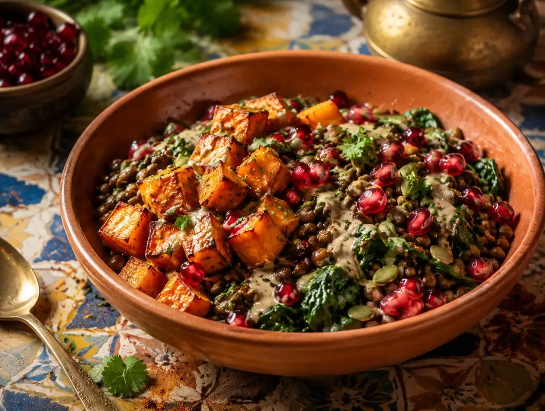 Moroccan Spiced Sweet Potato and Lentil Bowl (35 Min) 1 Three-quarter view of moroccan spiced sweet potato and lentil bowl with pomegranate seeds and tahini drizzle