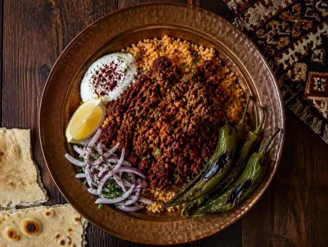 Turkish Spiced Lamb and Bulgur Bowl with Yogurt 1 Overhead view of turkish lamb and bulgur bowl with spiced ground lamb, sumac onions, yogurt and parsley