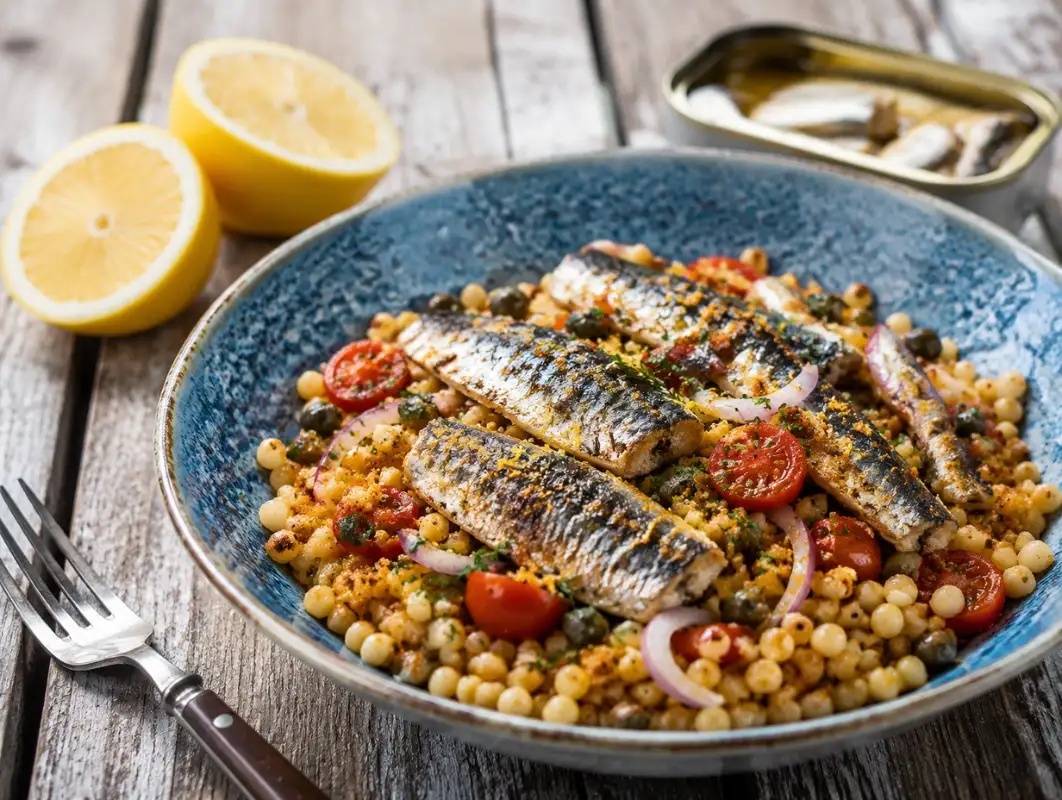 Sardine and Lemon Fregola Bowl (30 Minutes) 1 Three-quarter view of sardine and lemon fregola bowl with toasted pasta, tomatoes, capers and grilled sardine fillets