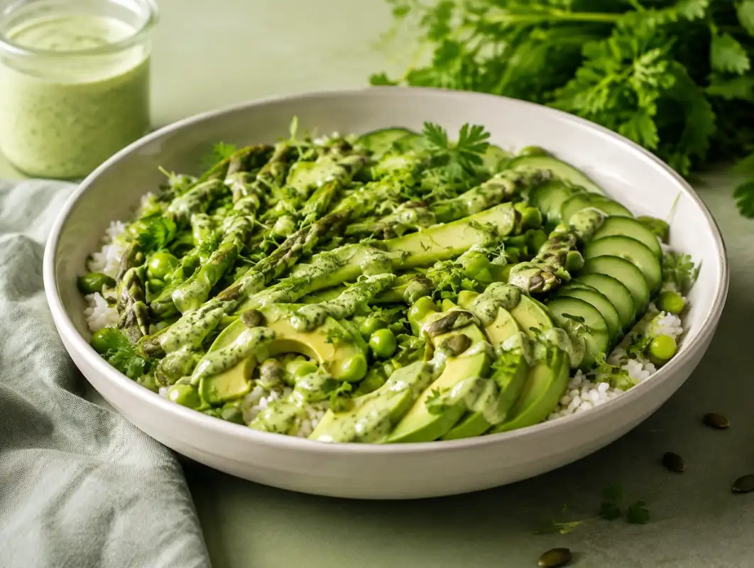 Three-quarter view of green goddess rice bowl with avocado, cucumber, edamame, herbs and creamy green dressing