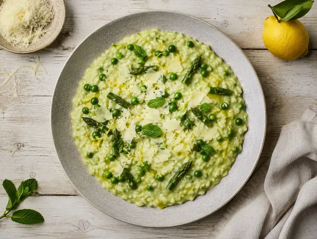 Spring Risotto Bowl with Peas, Lemon and Herbs (40 Min) 1 Overhead view of spring risotto bowl with peas, asparagus tips, lemon zest and shaved parmesan