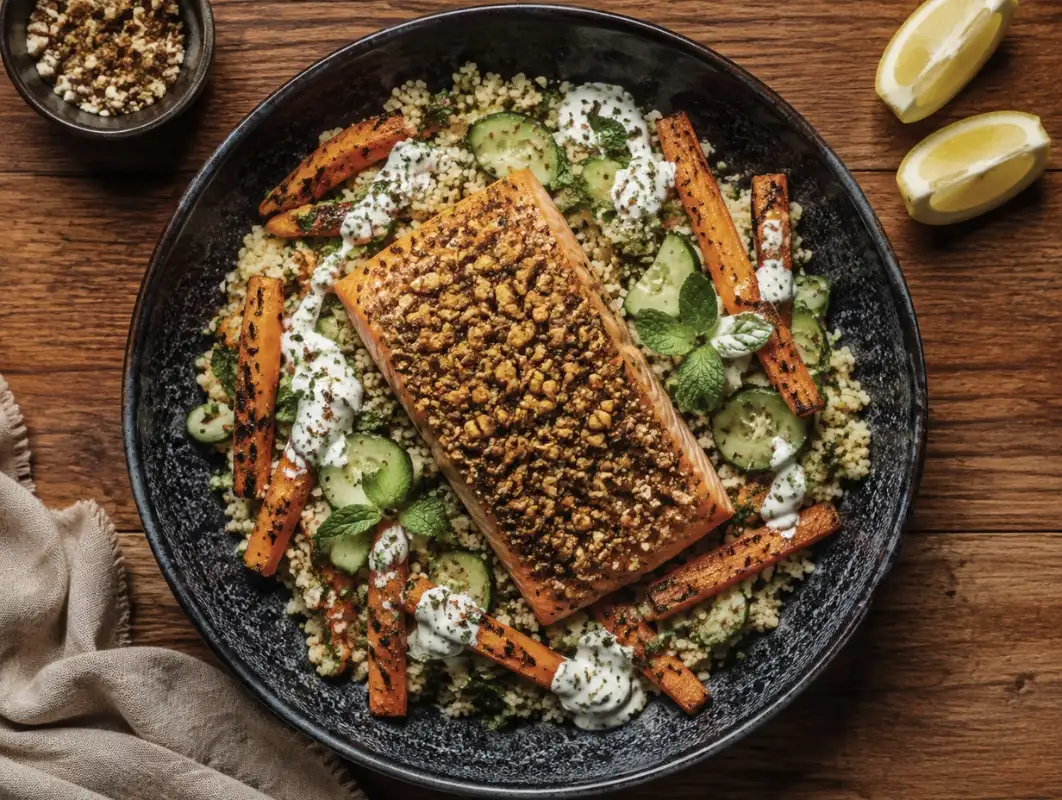 Dukkah-Crusted Salmon and Herbed Couscous Bowl (25 Min) 1 Overhead view of dukkah-crusted salmon over herbed couscous with roasted carrots, cucumber and yogurt drizzle
