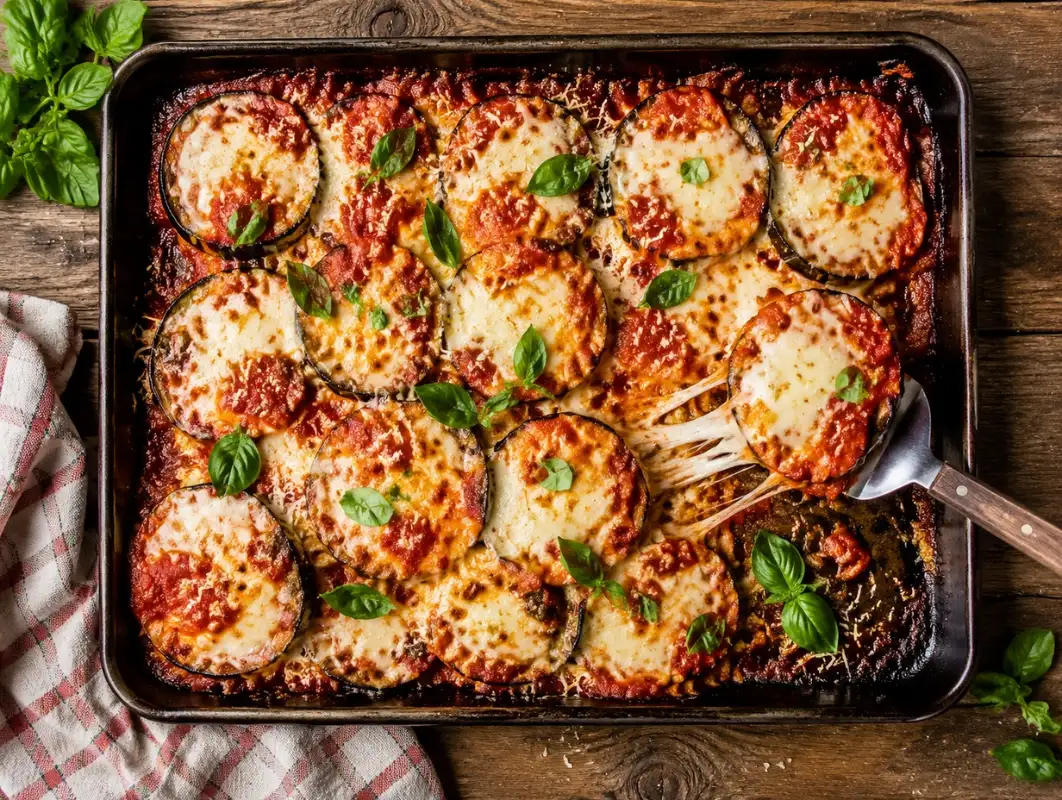 Sheet Pan Eggplant Parmesan, No Frying (77 Minutes) 1 Overhead view of sheet pan eggplant parmesan with roasted eggplant, tomato sauce, melted mozzarella and basil