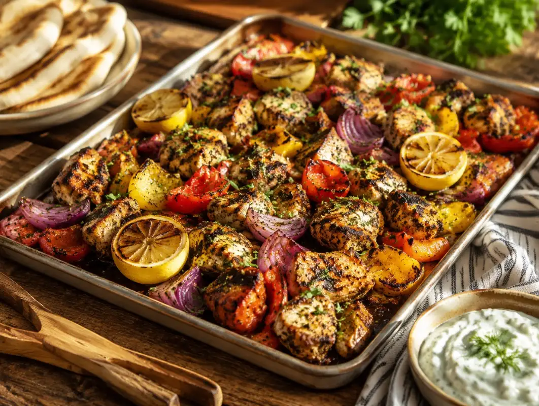 Sheet Pan Chicken Souvlaki with Greek Salad Vegetables 1 Three-quarter view of sheet pan chicken souvlaki with charred chicken, peppers, red onion, lemon and tzatziki