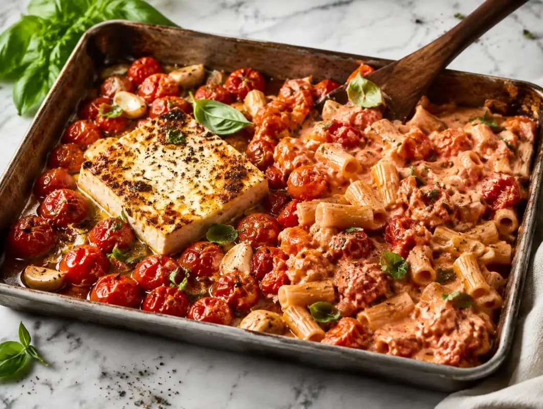 Sheet Pan Baked Feta Pasta (38 Minutes, One Pan) 1 Three-quarter view of sheet pan baked feta pasta with blistered cherry tomatoes, browned feta block and basil