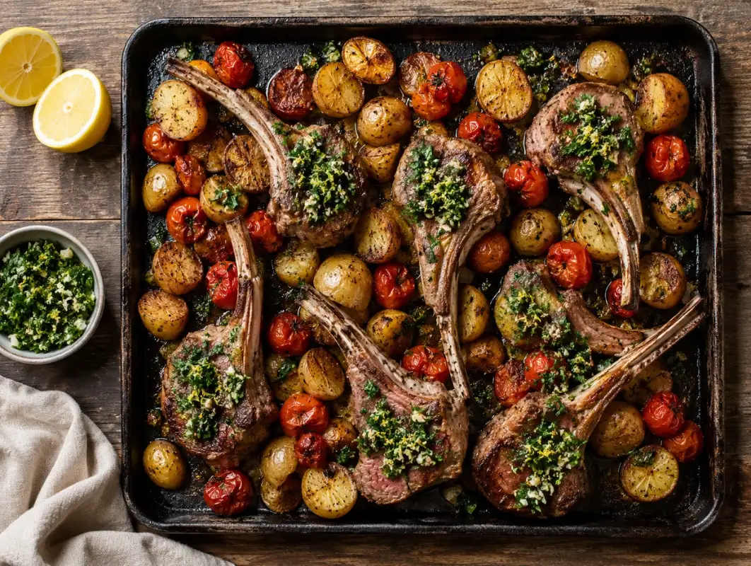 Sheet Pan Lamb Chops with Herb Gremolata (30 Minutes) 1 Overhead view of sheet pan lamb chops with roasted potatoes, tomatoes and fresh herb gremolata