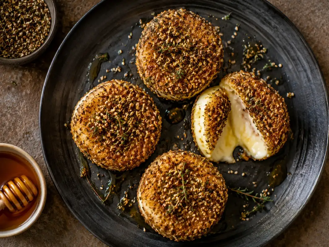 Fried Goat Cheese with Za'atar Crust (Makes 12) 1 Overhead view of fried goat cheese rounds with za'atar crust, one cut open with honey drizzle
