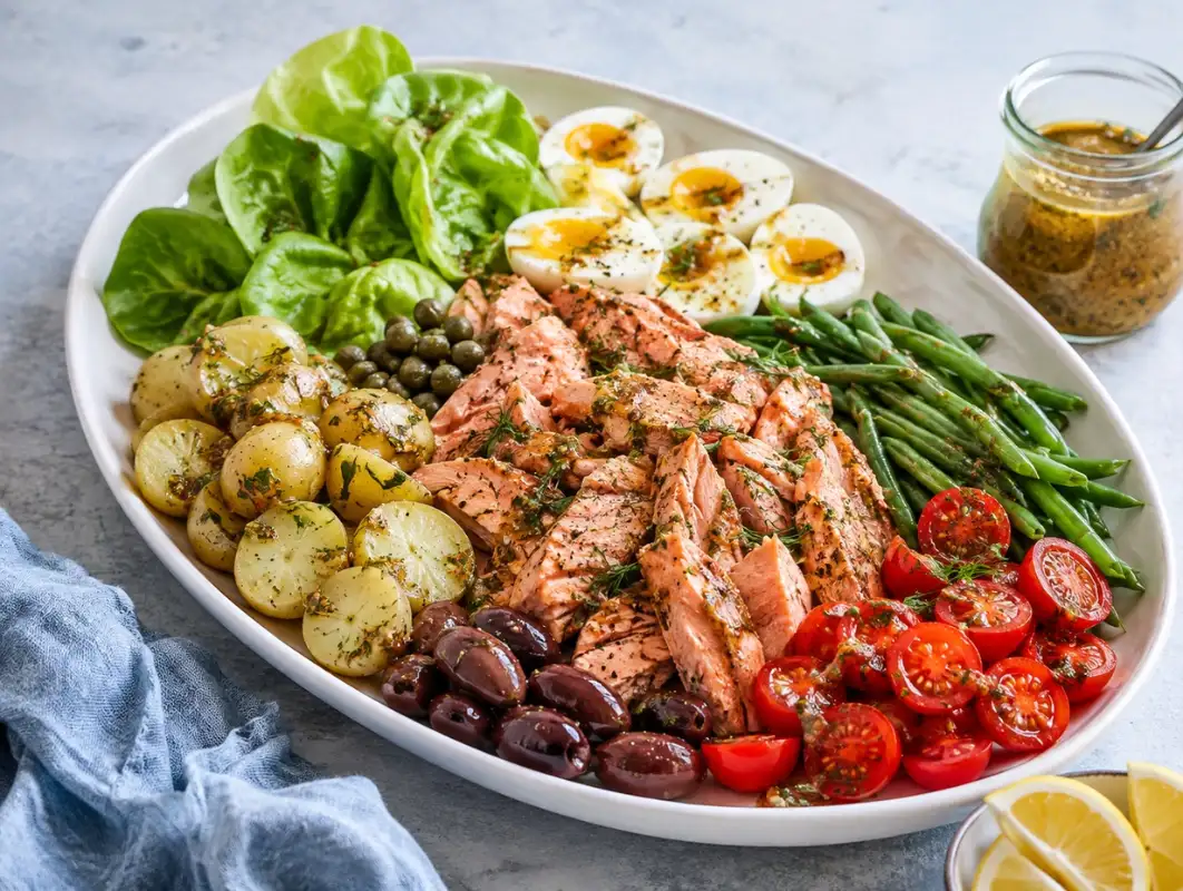 Salmon Niçoise Salad in 30 Minutes: Never Boring 1 Three-quarter view of salmon nicoise salad platter with flaked salmon, jammy eggs, green beans, potatoes and olives