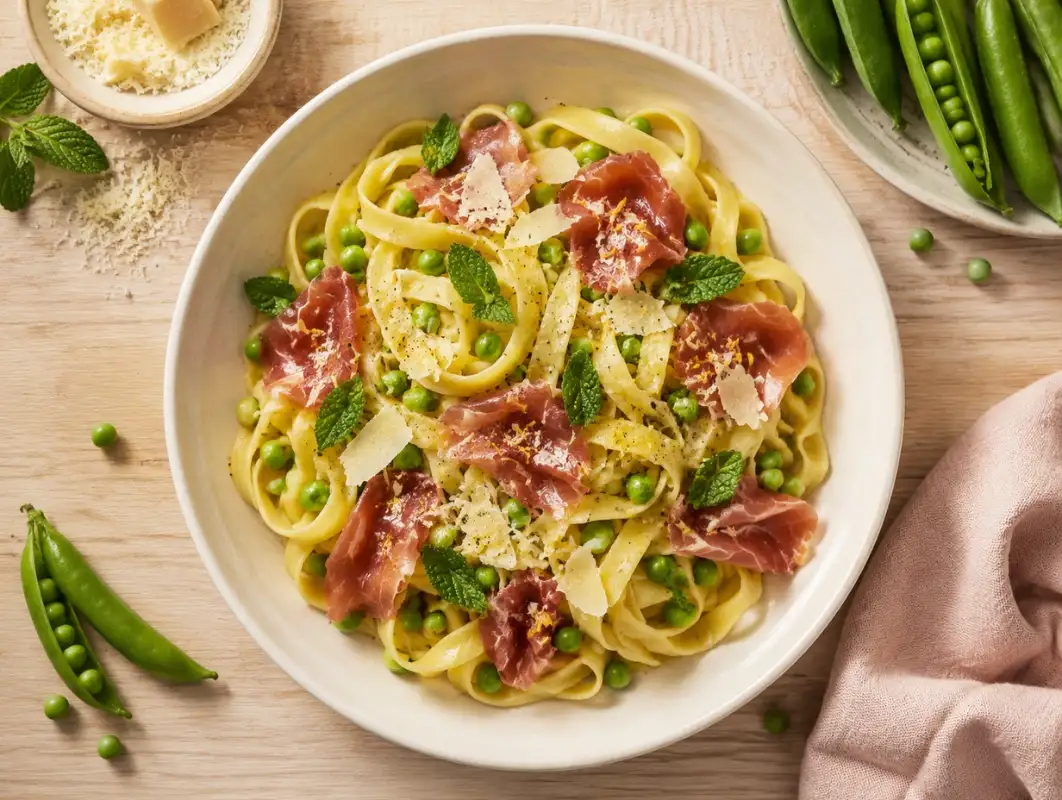 Spring Pea and Prosciutto Pasta (25 Minutes) 1 Overhead view of spring pea pasta with tagliatelle, peas, beef prosciutto ribbons, mint and parmesan