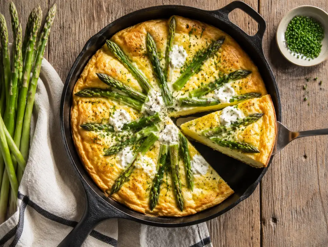 Spring Asparagus and Goat Cheese Frittata (30 Minutes) 1 Overhead view of spring asparagus and goat cheese frittata in a cast iron skillet with a slice lifted out