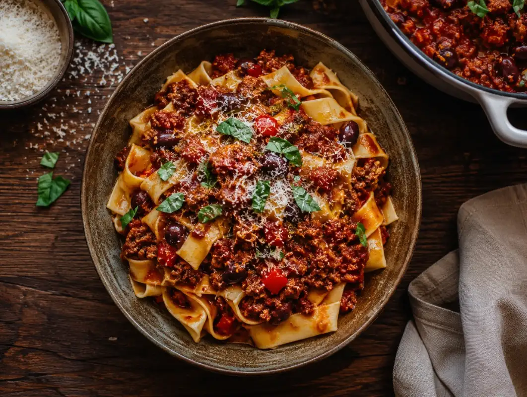 Mediterranean Bolognese with Hidden Vegetables (Serves 6) 1 Overhead view of mediterranean bolognese with beef and tomato sauce over pappardelle, topped with parmesan and basil