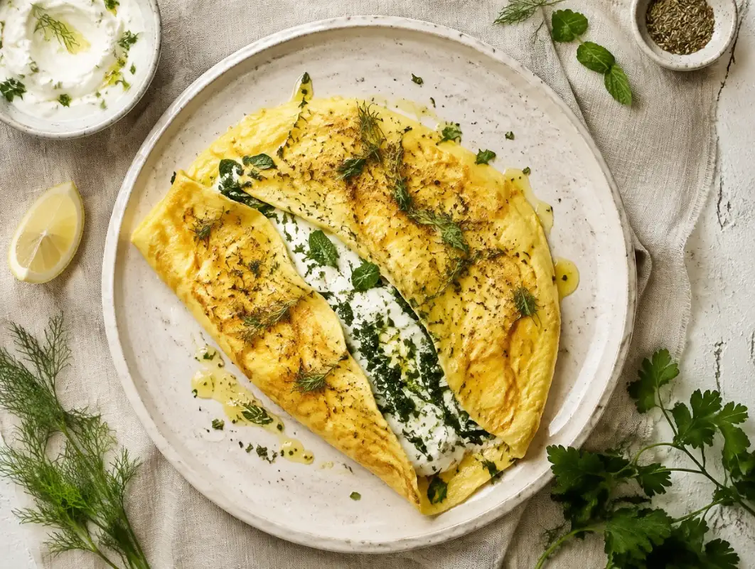 Overhead view of labneh and herb omelette folded open with creamy labneh, dill, mint and za'atar