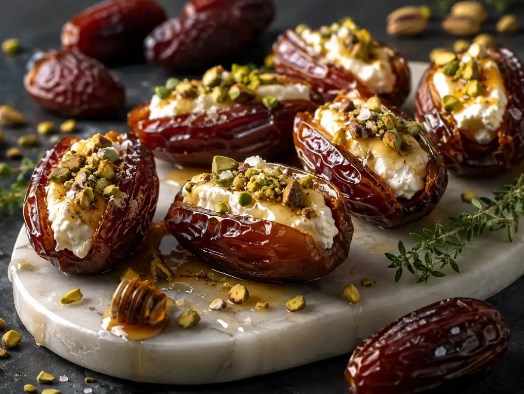 Stuffed Dates with Goat Cheese and Pistachios (Makes 12) 1 Three-quarter view of medjool dates stuffed with whipped goat cheese, crushed pistachios and honey drizzle
