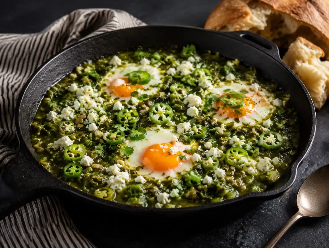 Shakshuka Verde: Green Shakshuka in 30 Minutes 1 Three-quarter view of green shakshuka verde in a skillet with poached eggs, feta, cilantro and jalapeno