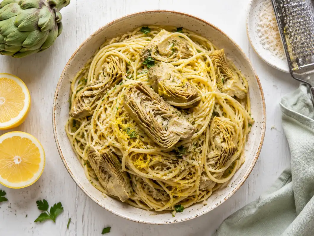 Spring Artichoke and Lemon Pasta (30 Minutes) 1 Overhead view of spring artichoke and lemon pasta with braised artichoke hearts, parsley and parmesan