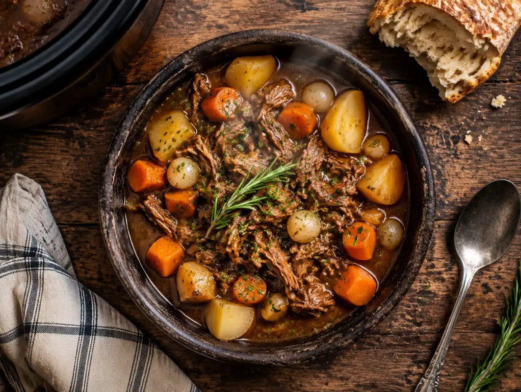 Slow Cooker Mediterranean Lamb Stew (Serves 6) 1 Overhead view of slow cooker lamb stew with tender lamb, carrots, potatoes and rich herb broth in a bowl