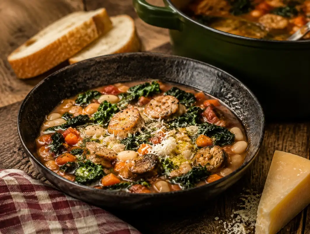 Tuscan White Bean and Sausage Soup (45 Minutes) 1 Three-quarter view of tuscan white bean soup with chicken sausage, kale and tomato broth topped with parmesan