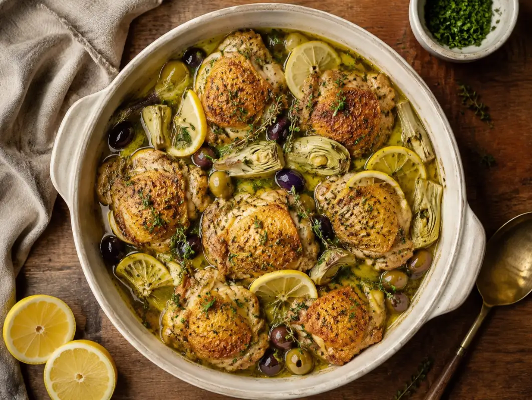 Slow Cooker Chicken and Artichokes (Serves 6) 1 Overhead view of slow cooker chicken thighs with artichoke hearts, lemon slices, olives and herb sauce