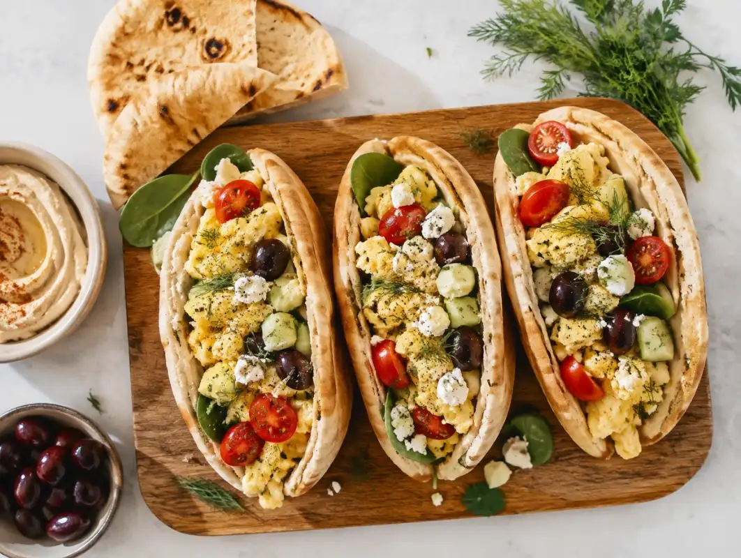 Mediterranean Breakfast Pita Pockets (20 Minutes) 1 Overhead view of mediterranean breakfast pita pockets stuffed with eggs, feta, tomatoes, cucumber and hummus