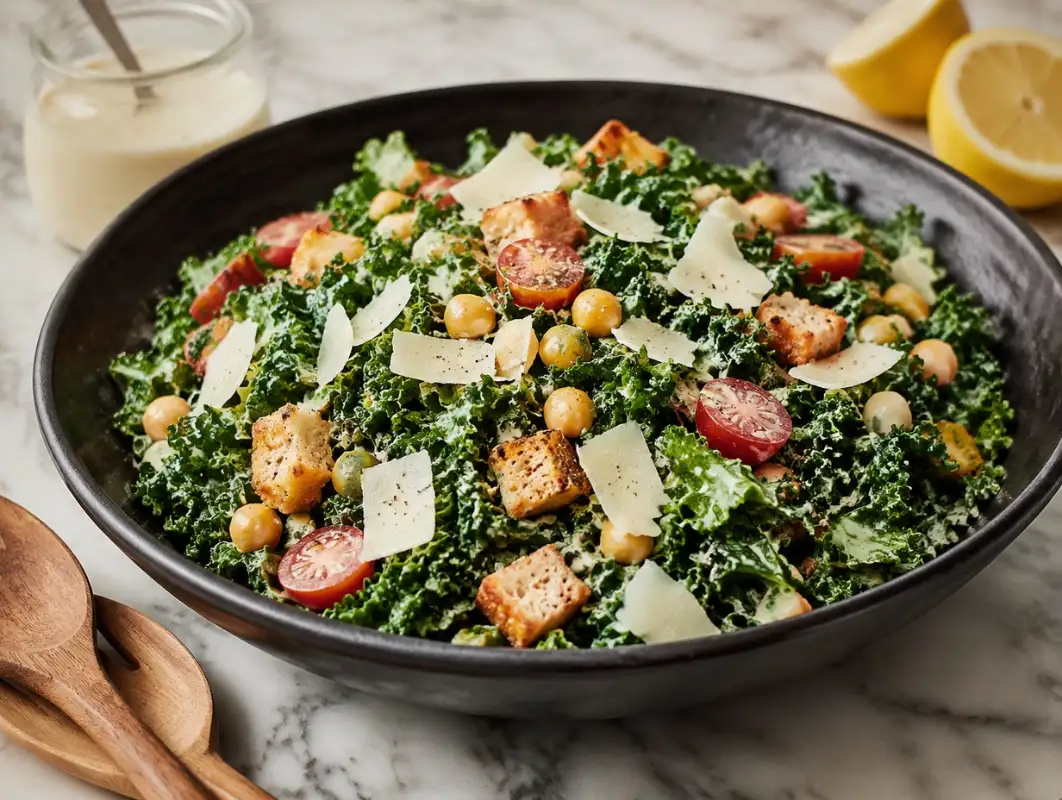 Mediterranean Kale Caesar Salad (35 Minutes) 1 Three-quarter view of mediterranean kale caesar salad with tahini caesar dressing, pita croutons and shaved parmesan