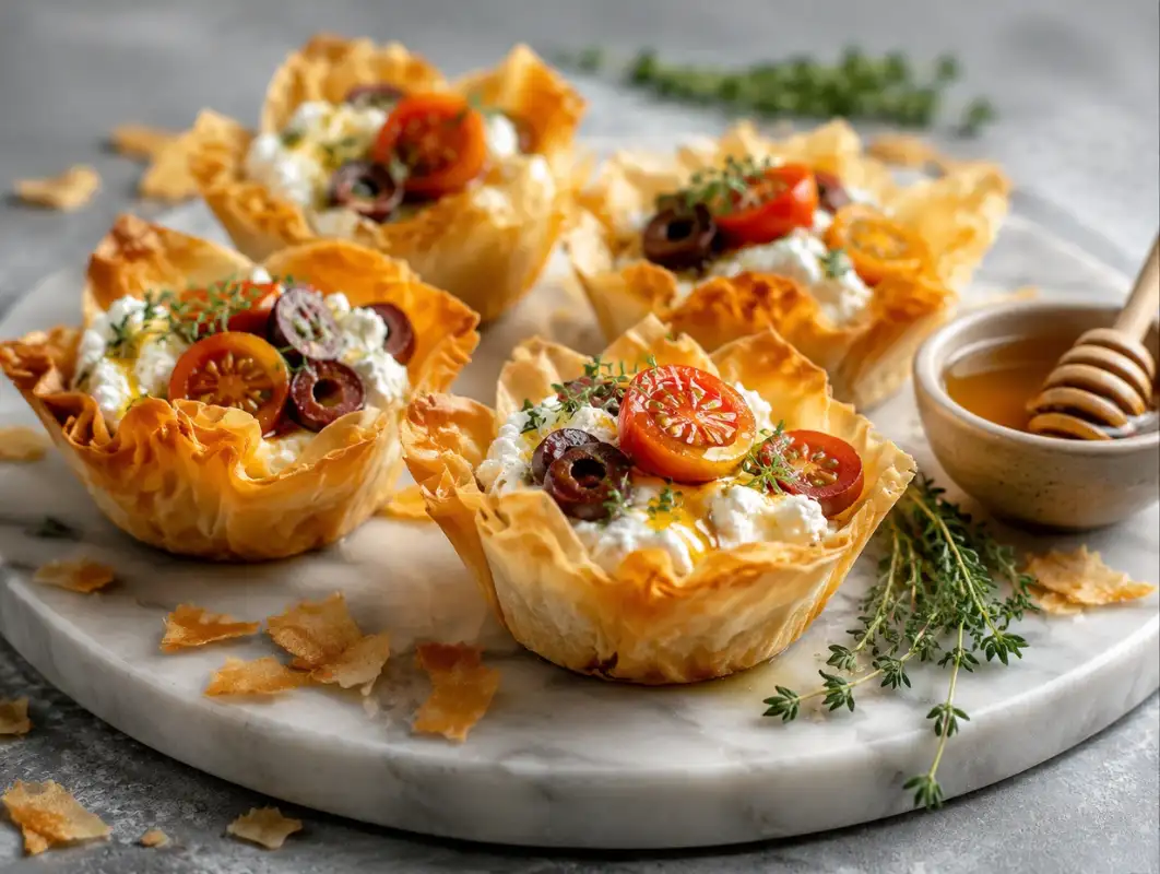 Crispy Phyllo Cups with Feta (Makes 30, 20 Minutes) 1 Three-quarter view of olive oil granola clusters with oats, almonds, pistachios, sesame seeds and dried figs on a sheet pan