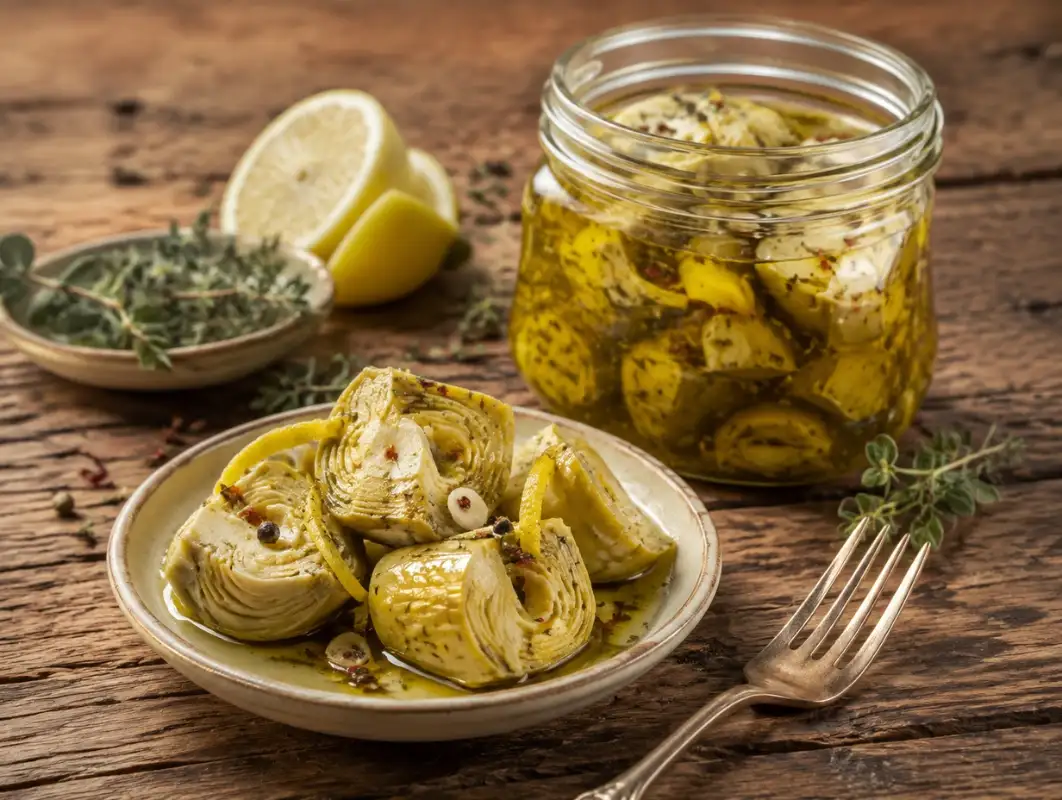 Marinated Artichoke Hearts (5 Minutes, Makes 3 Cups) 1 Three-quarter view of marinated artichoke hearts in olive oil with lemon peel, garlic, chili flakes and oregano