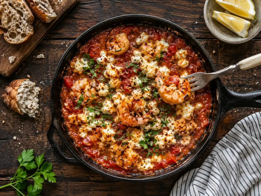 Overhead view of shrimp saganaki baked in tomato sauce with melted feta and parsley in a cast iron skillet