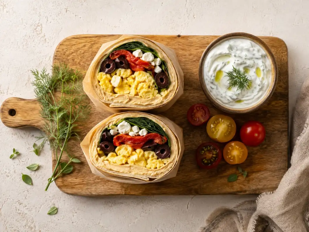 Mediterranean Breakfast Burrito (20 Minutes, Makes 2) 1 Overhead view of mediterranean breakfast burrito cut in half showing eggs, feta, spinach and roasted peppers