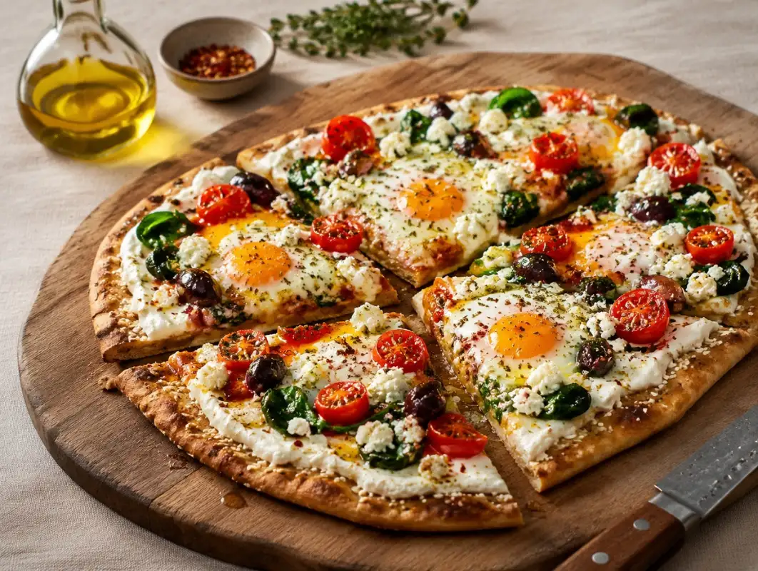 Three-quarter view of mediterranean breakfast flatbread topped with baked eggs, feta, tomatoes, olives and za'atar