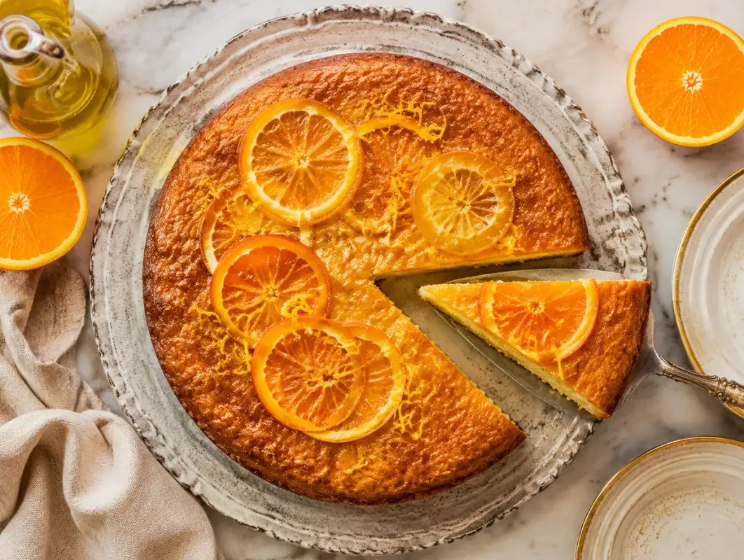 Citrus Olive Oil Cake (Makes 10 Slices) 1 Overhead view of citrus olive oil cake on a cake stand with a slice cut out, citrus glaze and candied orange