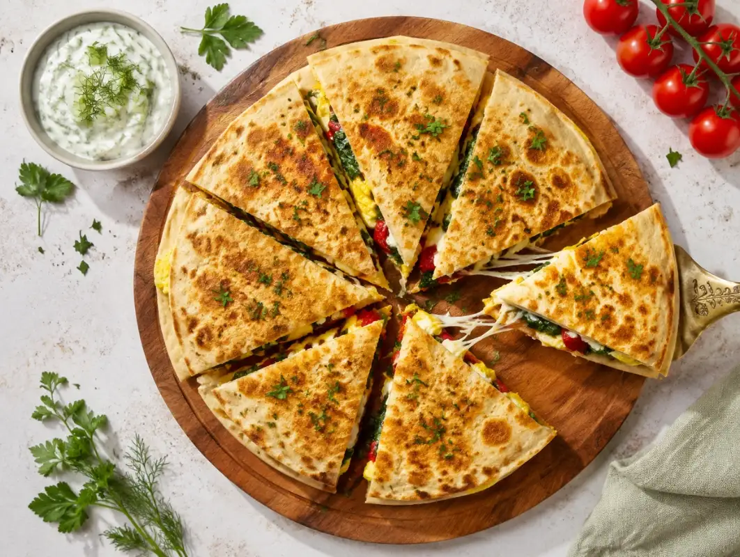 Mediterranean Breakfast Quesadilla (15 Minutes, Makes 2) 1 Overhead view of mediterranean breakfast quesadilla wedges with melted cheese, egg, spinach, feta and peppers