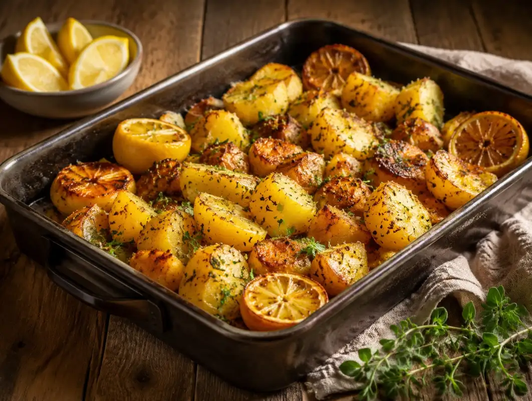 Greek Roasted Potatoes with Oregano (65 Minutes) 1 Three-quarter view of greek roasted potatoes with crisp golden edges, oregano, lemon and olive oil in a roasting pan