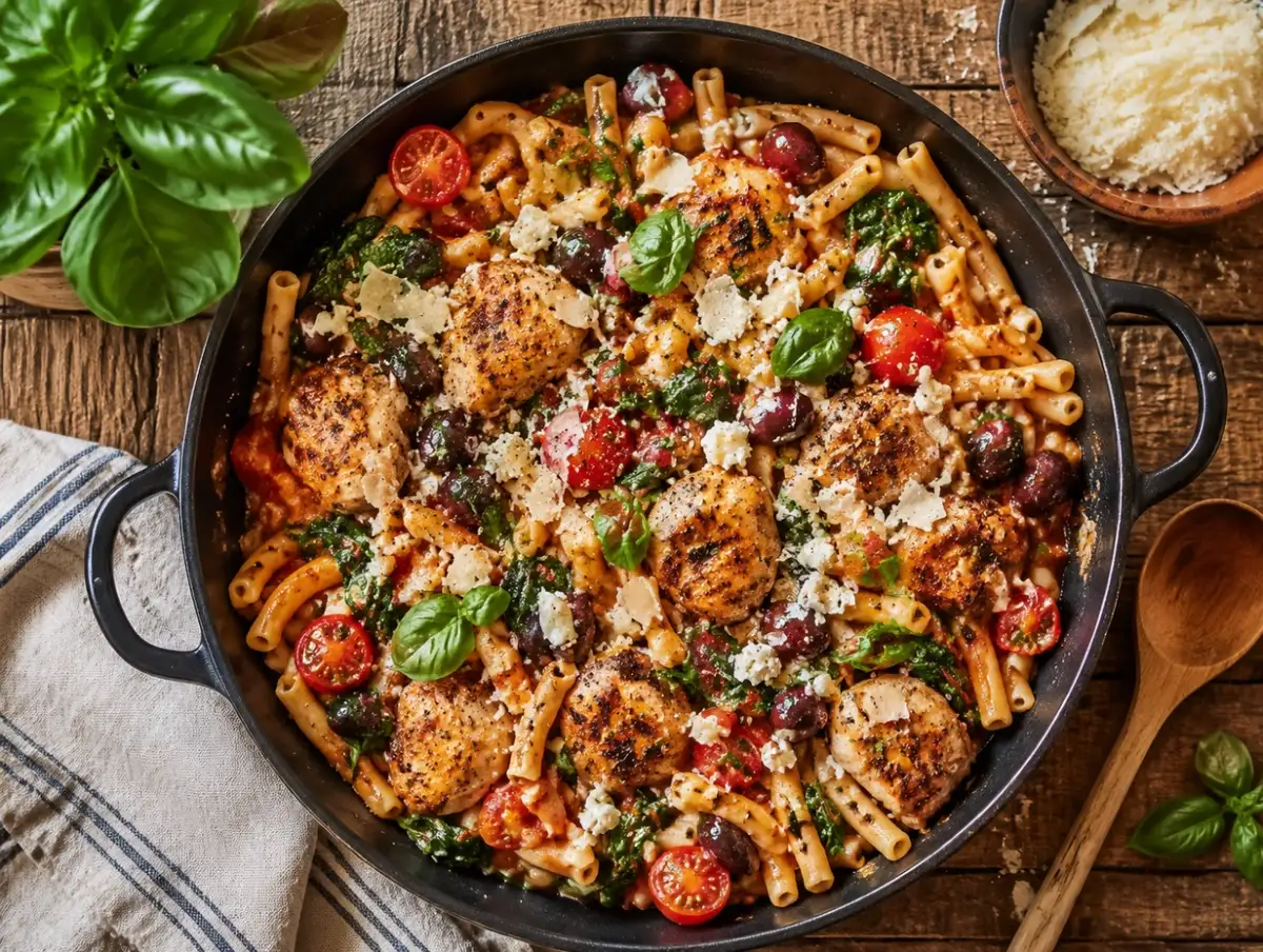 One-pan Mediterranean chicken pasta with tomatoes, spinach, olives, feta and fresh basil