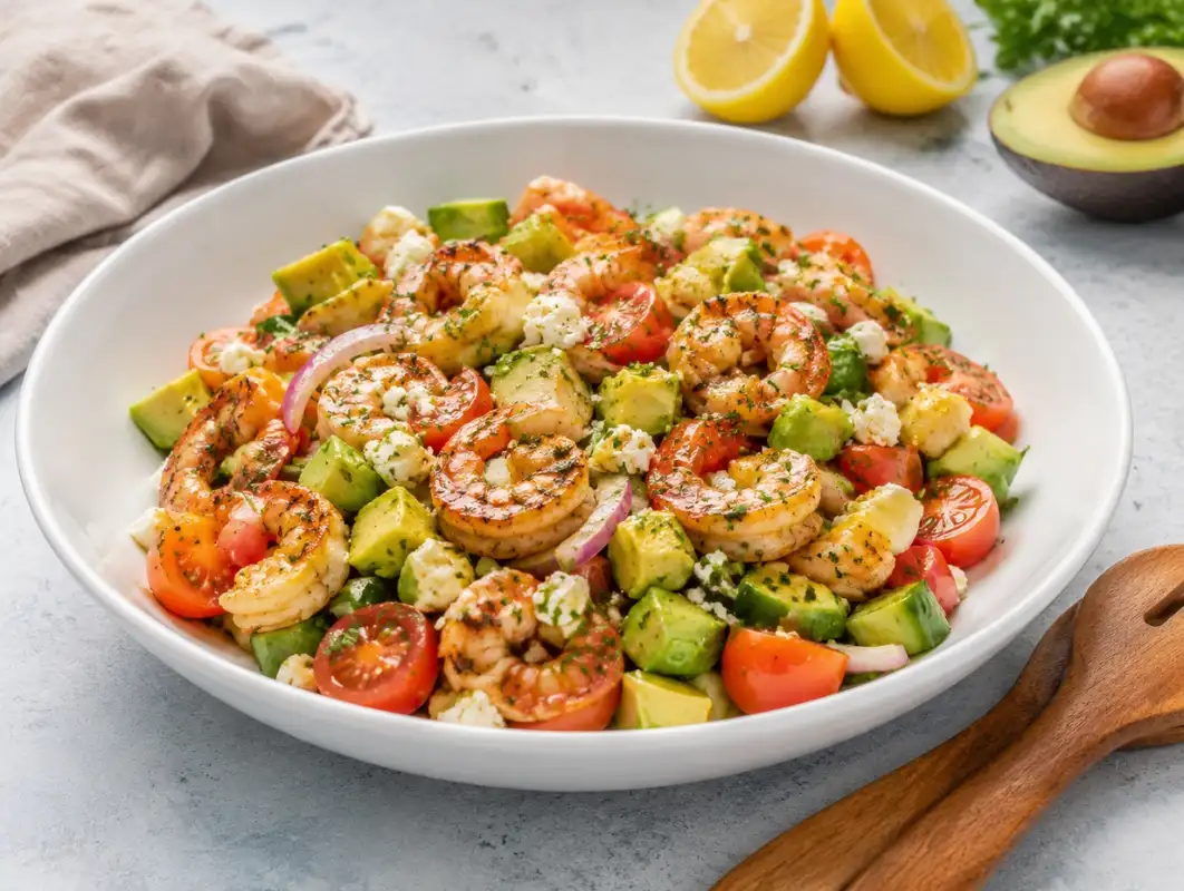 Mediterranean Shrimp Avocado Salad (25 Minutes) 1 Three-quarter view of mediterranean shrimp avocado salad with grilled shrimp, tomatoes, cucumber, feta and lemon dressing