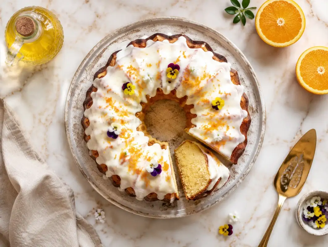 Overhead view of olive oil cake with white citrus glaze dripping down the sides and orange zest on top