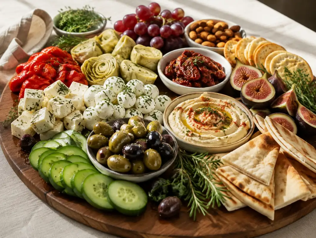 Mediterranean Antipasto Platter (Serves 8-12) 1 Three-quarter view of mediterranean antipasto platter with olives, artichokes, roasted peppers, feta, hummus, figs and pita